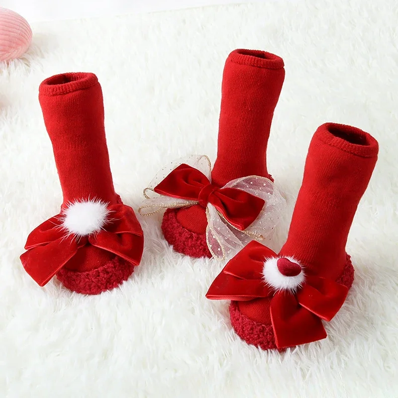 

Red New Year Festive Thickened Hair Circle Bow Princess Autumn/Winter Home Floor Christmas Non-slip Baby Socks Not Le