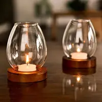 Transparent Glass Candlesticks Hollow Windproof Candle Holder Round with Wood Base Candle Cup Cover Dining Table Decoration 2