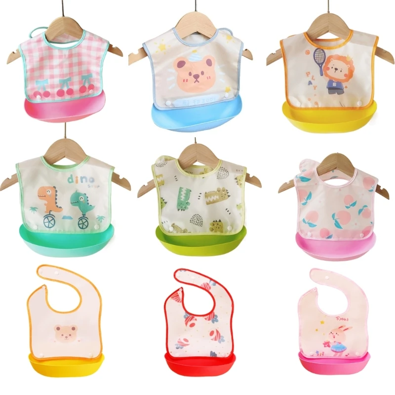 

67JC Soft Waterproof Bib for Boy Girl Toddlers Baby Cartoon Bibs Lightweight Travel Feeding Bib with Food Catcher