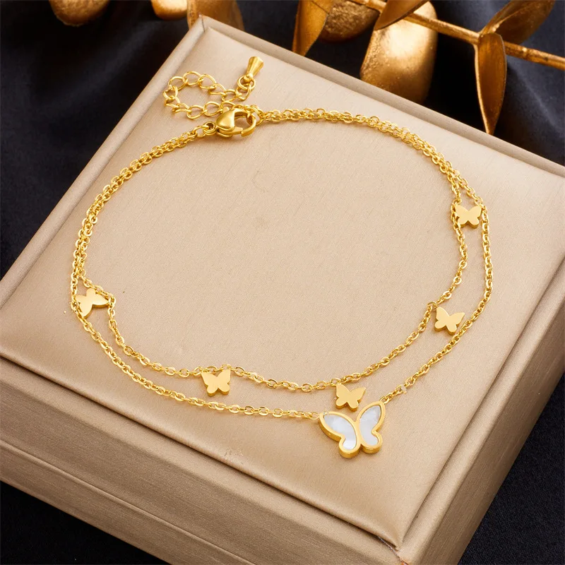 IFYOUOO Stainless Steel 2-Layer Butterfly Charm Anklets For Women Girl New Fashion Leg Chain Non-fading Jewelry Gift Party ankle chains fashion accessories