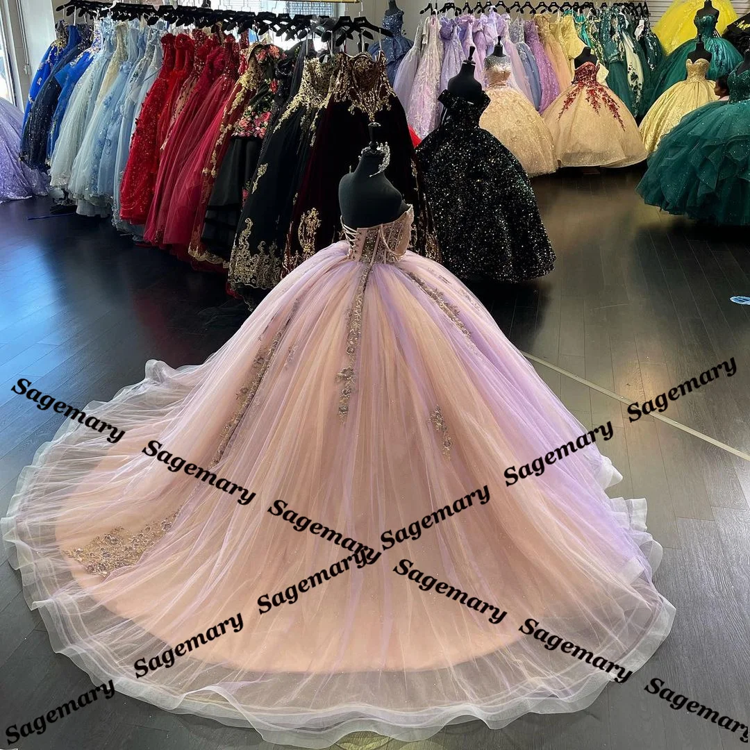 Party Dress Quinceanera Dresses Sagemary Charming Sequins Quincenera Dresses Tulle Ball Gown Off the Shoulder Lace Up Chapel Train Vestido De 15 Customized