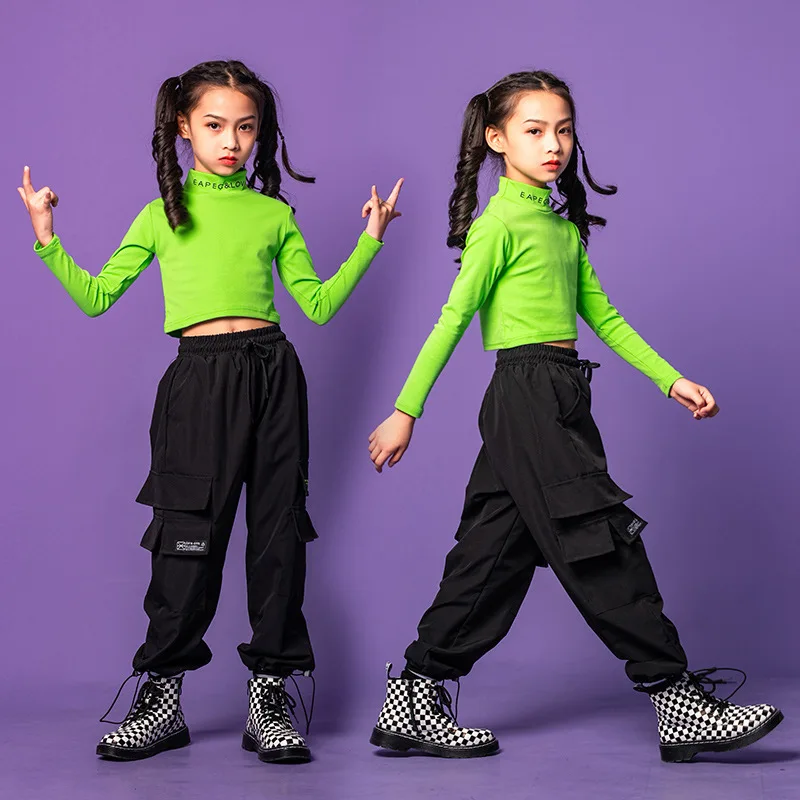 

Summer Kids Cool Hip Hop Outfits Girl's Green Crop Long Sleeve Top Black Overalls Pants Teenagers Jazz Dance Wear Costume