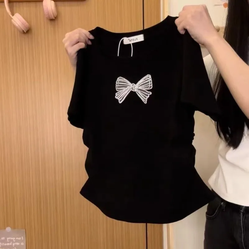 

HOUZHOU Bow Graphic Tshirt Women Summer Japanese 2000s Style Y2k Kawaii Short Sleeve Tees Coquette Aesthetic Casual Cropped Tops