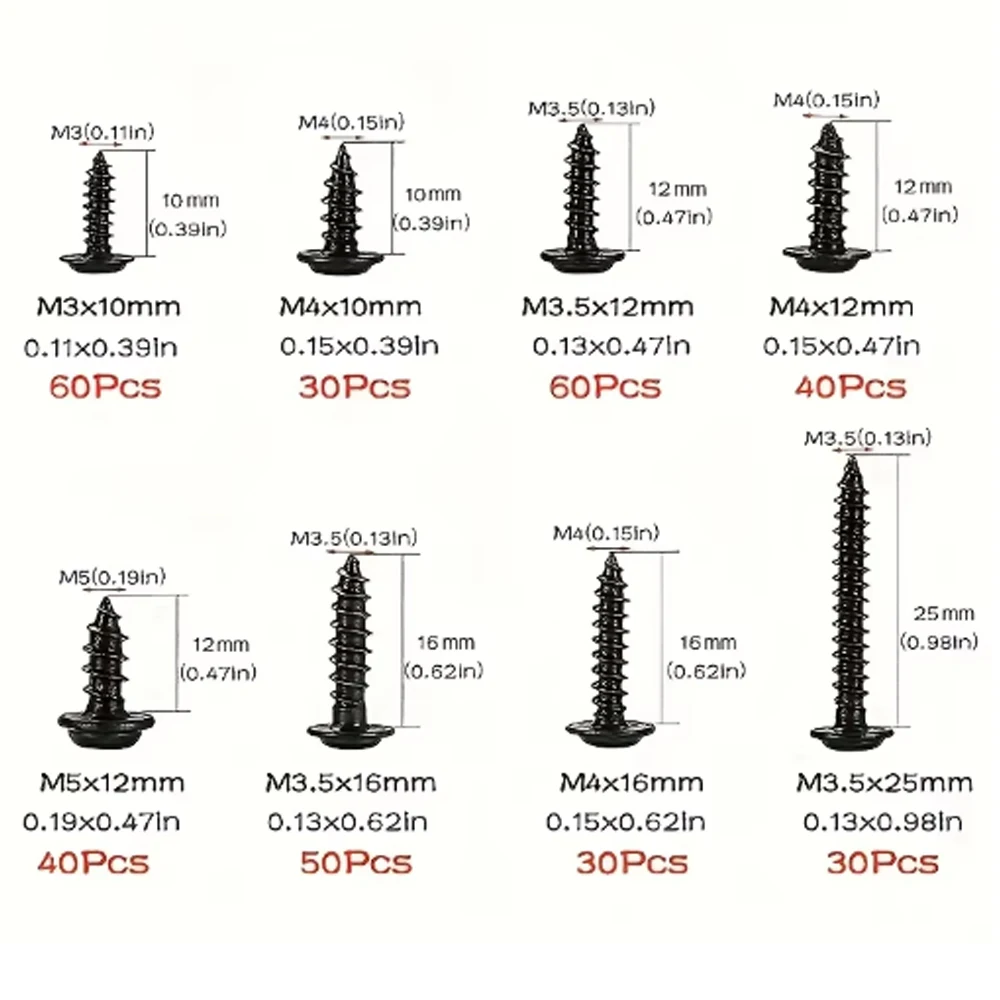 340개 셀프 태핑 나사 세트 - M3/M4/M3.5/M5 사이즈, 팬 헤드 필립스 드라이브, 목재 가구용 블랙 카본 스틸