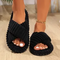 Evshine Women's Furry House Slippers Fashion Cross Straps Fur Fluffy Slides Soft Cozy Memory Foam Shoes Lady Open Toe Flat Slide - Image 2