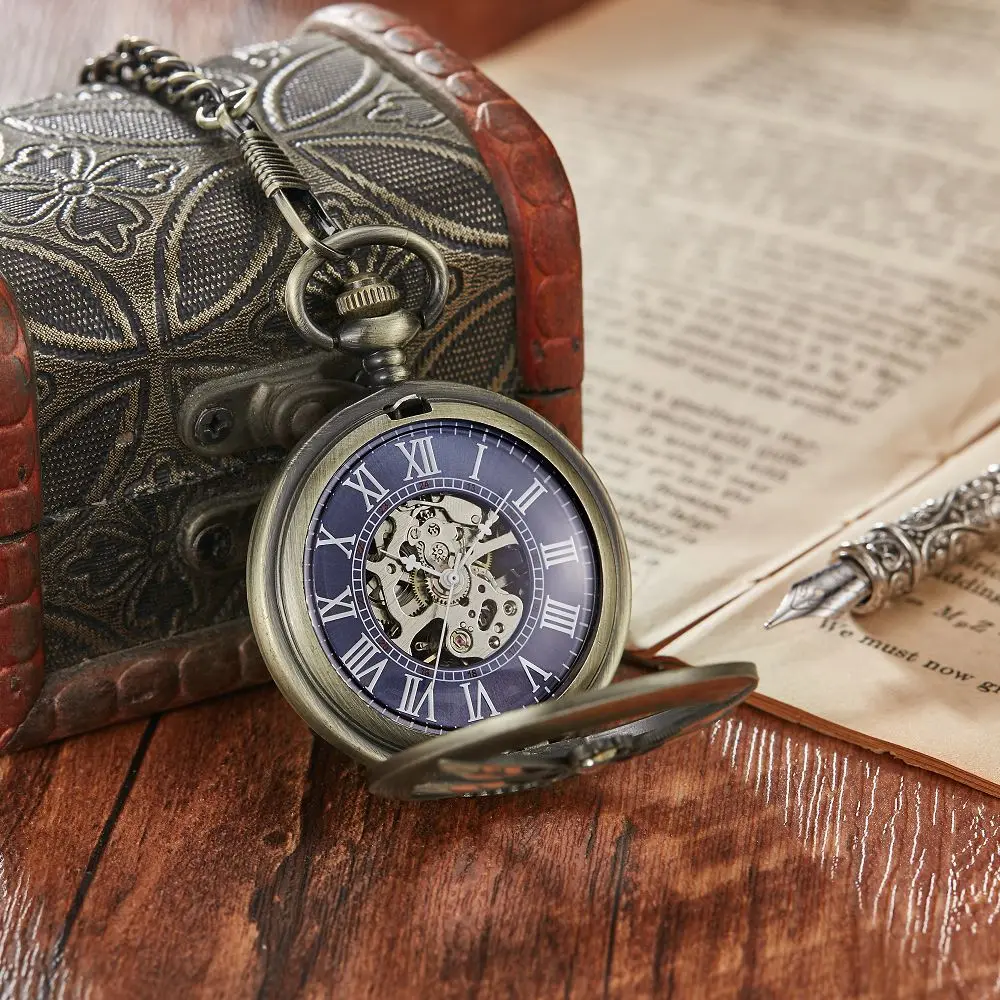 Dragonfly Luxury Rhinestone Skeleton Mechanical Pocket Watch with FOB Chain Steel Metal Clock Hand Winding Doctor Pendant Watch
