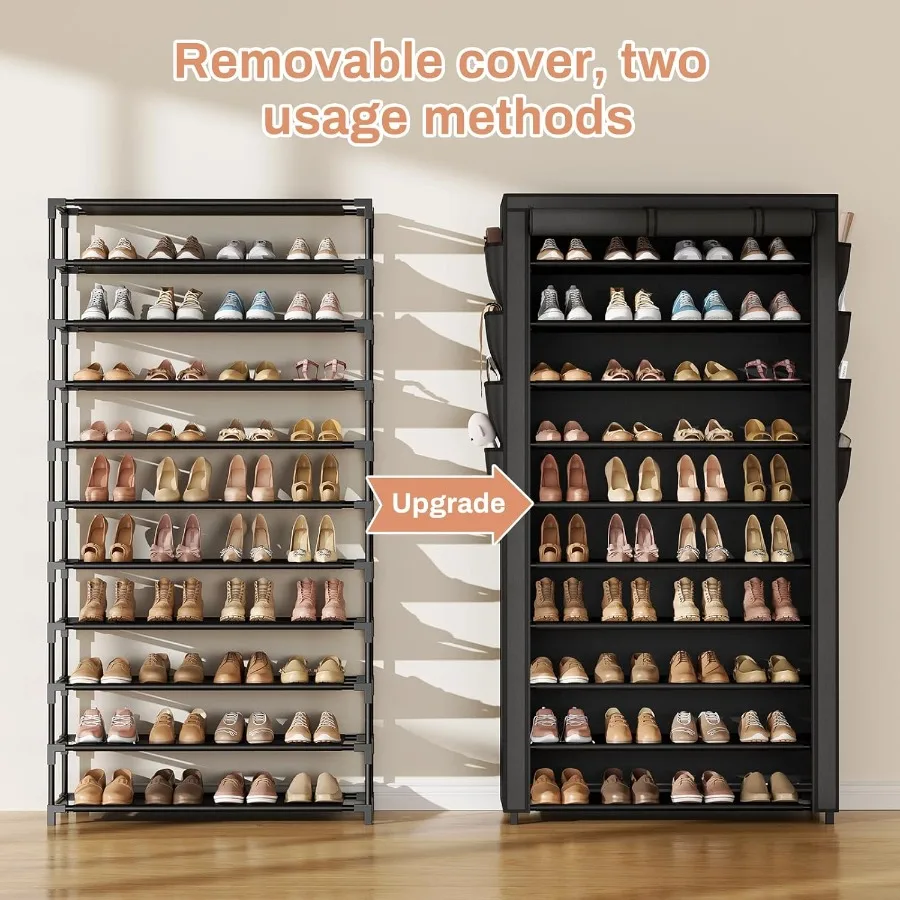 Tall Shoe Rack with Cover 10 Tier Shoe Organizer Storage for 5055 Pairs Shoes and Boots Large Capacity Shoe Shelf with 8 Pocket