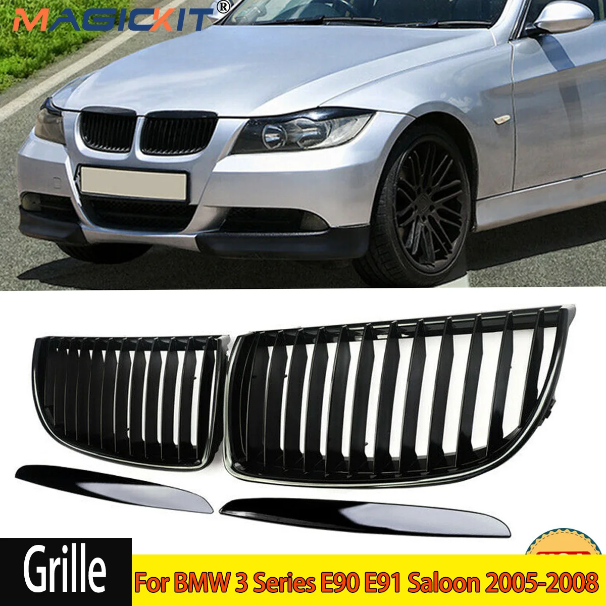für BMW 3er E90 E91 vor 2008 Nieren Grill Kühlergrill GLANZ SCHWARZ Doppelsteg