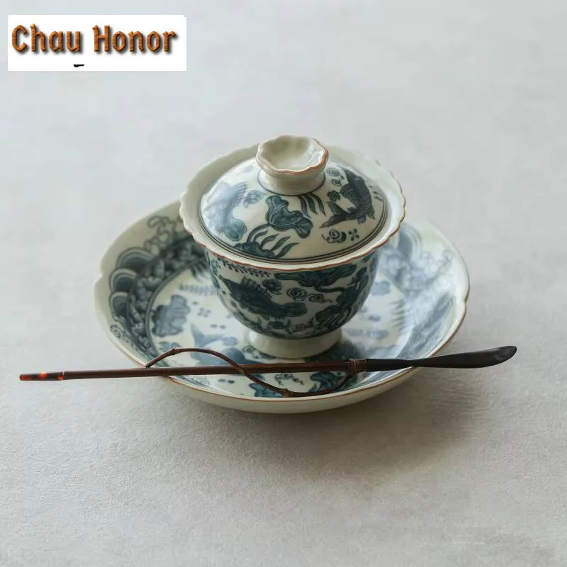 Ru Kiln Teapot Holder Bowl Boutique Fish And Algae Patterns Fruit Plate Zen Ceramic Tea Plate Retro Dry Brew Table Tea Tray Gift