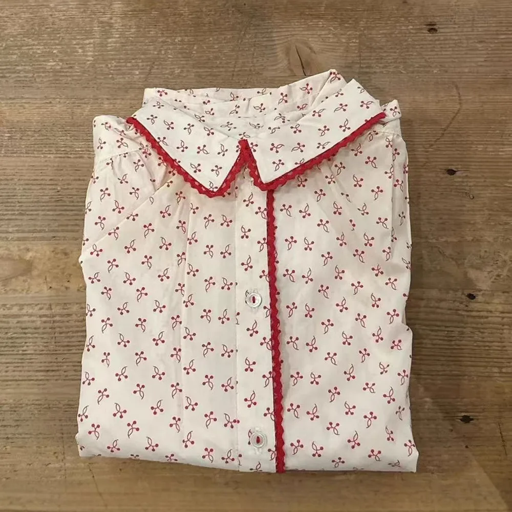 여아 블라우스 봄 아동복 여아 의류 체리 패턴 프린트 셔츠 스윗 핑크 여아 긴팔 셔츠