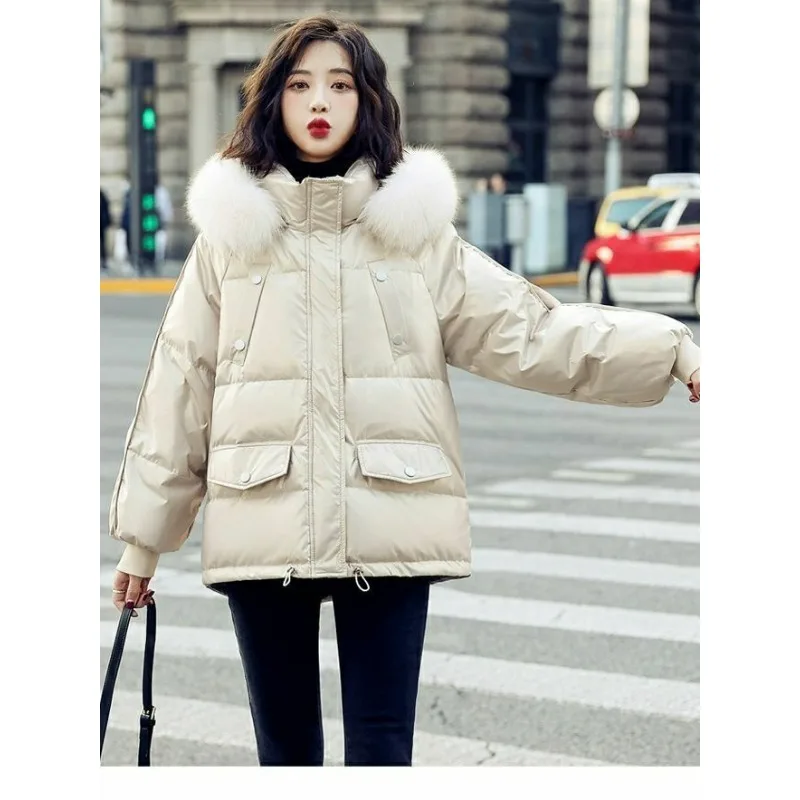 2023 New Women Down Bread Jacket Winter Coat Female Short Parkas Loose Thick Glossy Outwear Artificial Fur Collar Overcoat