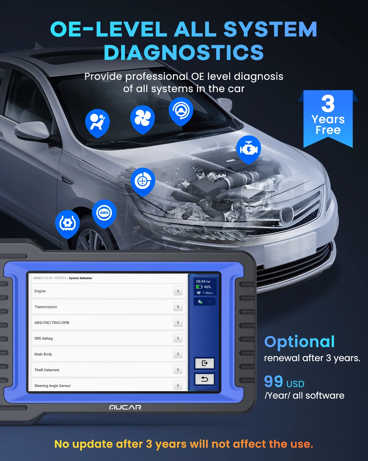 MUCAR VO7 VO7S nejlepší profesionál auto diagnostické nářadí automobilové obd2 auto skener auto diagnóza ecu kódování aktivní krunýř 28 resets