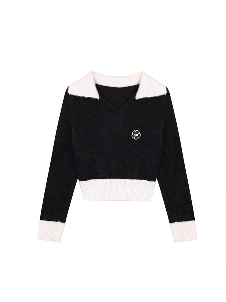 

Женский пушистый кашемировый свитер Gyaru, винтажный укороченный свитер контрастных цветов в Корейском стиле, трикотажная одежда с лацканами, осень 2000