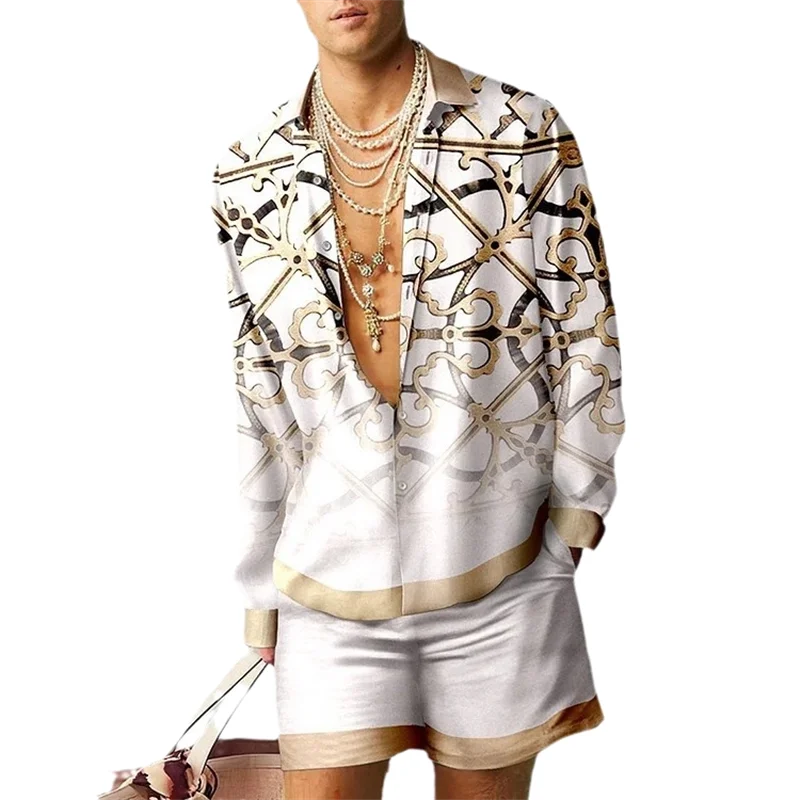 Europe and the United States new national style printed Hawaiian lapel long sleeve shorts shirt outdoor 3d two-piece set