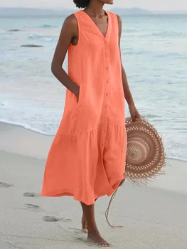 Summer Loose Casual Patchwork Cotton Linen Pocktes Dress V Neck Beach Style Dress Sleeveless Vintage Club Midi Solid Women Dress 1