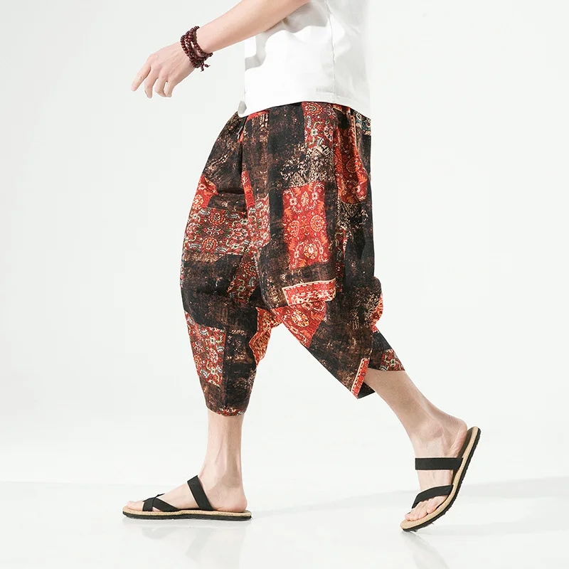 

Summer Harajuku Calf Length Casual Pants new for men Cotton Linen Print Harem loose trousers 2023 Fashion Baggy Beach Pant