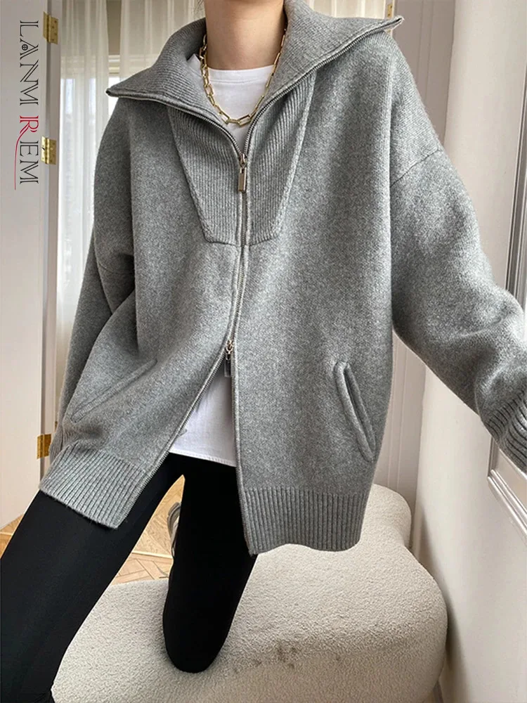 

[LANMREM] Fashion Wool Knitting Double Zipper Sweater For Women Lapel Long Sleeve Loose Female Tops 2024 Spring New 26D5571
