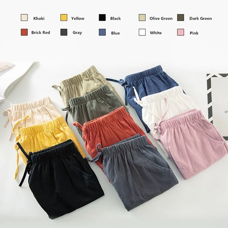 Fashion Summer Women Breathable Cotton And Linen Shorts Sexy Girl Casual Sports Clothing Elastic Waist Lacing Wide-Leg Pants