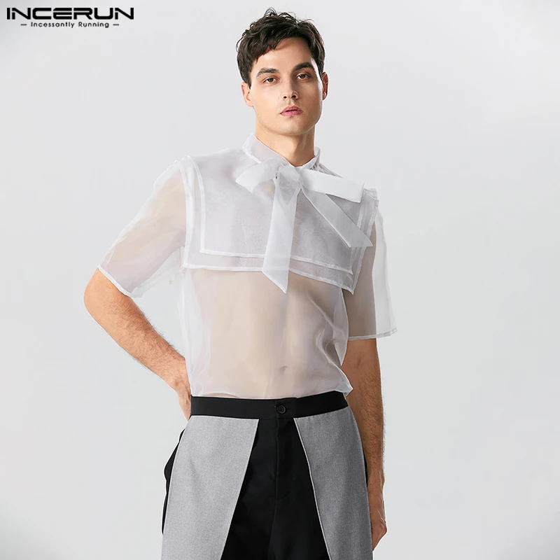 Casual Stylish Style Tops INCERUN New Mens Sexy See-through Mesh Bow Shirts Fashionable Male Show Thin Short Sleeve Blouse S-5XL