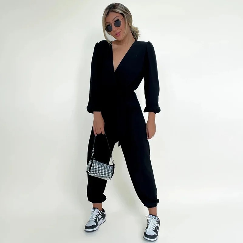 Autumn Jumpsuit Clothes for Women Sexy Lace Up V Neck High Waist Small Leg Pants Solid Long Sleeves Overalls Female Jumpsuits