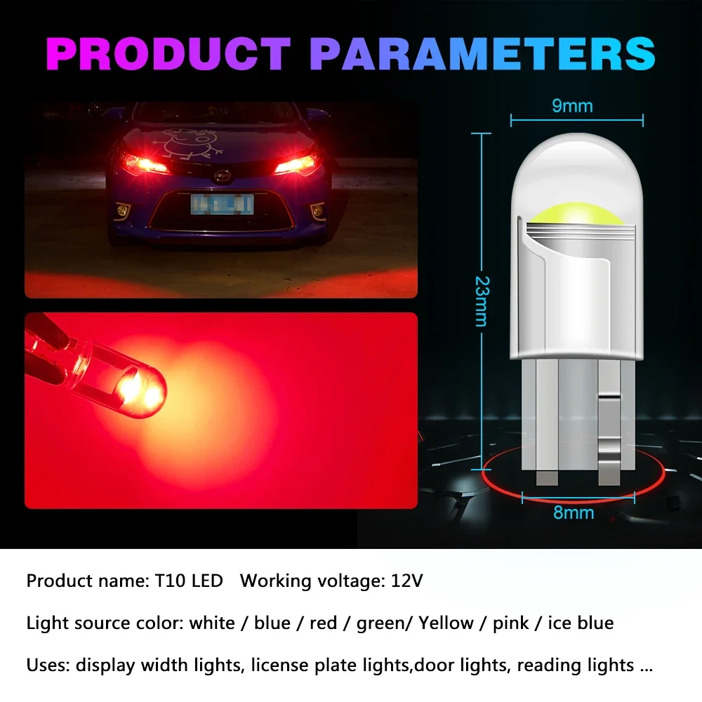 LED car lights 10Pcs Car LED T10 W5W Canbus Glass COB Dome reading bulb W5W Led side marker lamp Parking signal lights License plate light