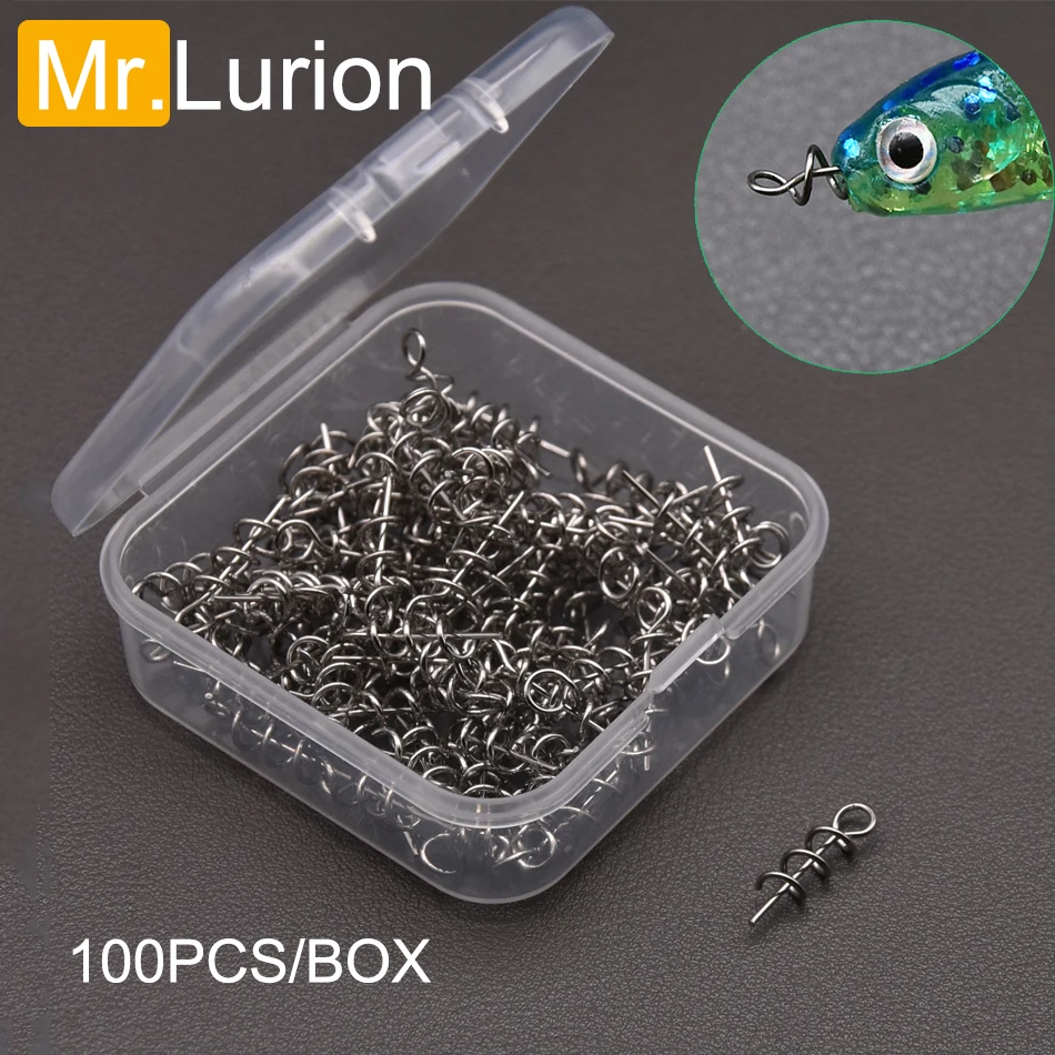 MrLurion 100 Stück pro Box Angelnadeln Spring Twist Lock Angelschraube Zentrierstift Feste Riegelnadel für Soft Worm Lure Bait