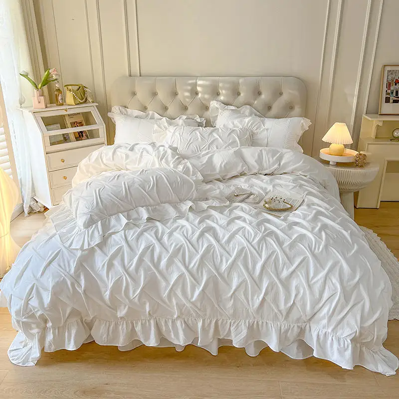 

Princess luxury Bed Skirt sets European bedding set white satin embroidery bedding duvet cover sheet cotton 4/7 pcs Lace