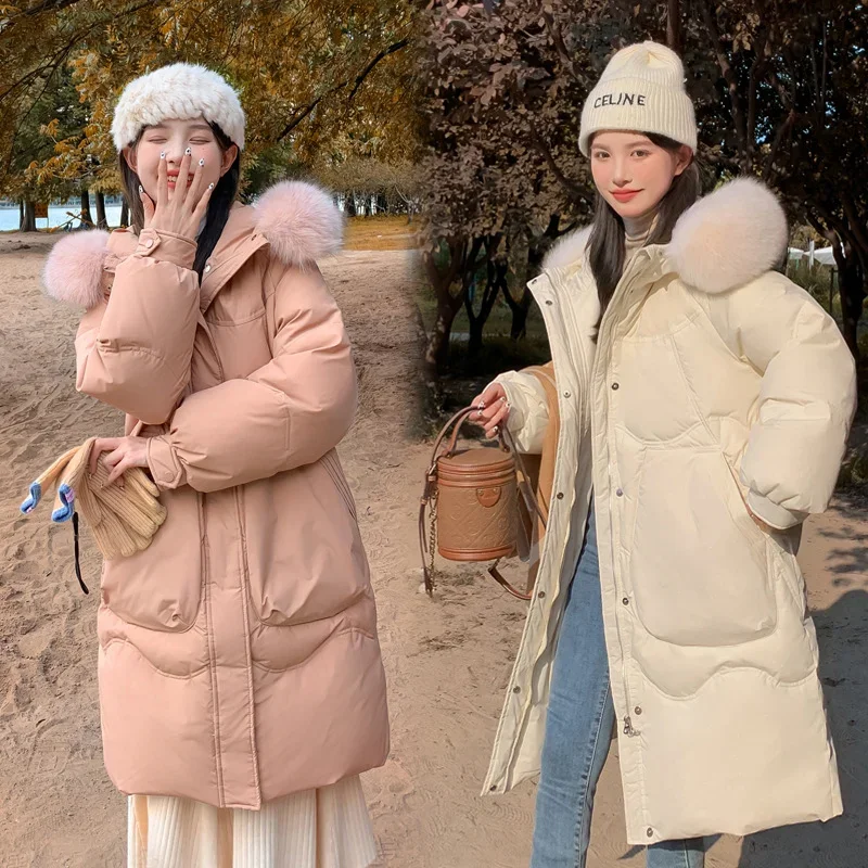 Bling Hooded Down Jackets Women Fox Fur Collar Warm Sweet Medium Long White Duck Coats Thickened Clothes Loose 6XL Long Sleeves