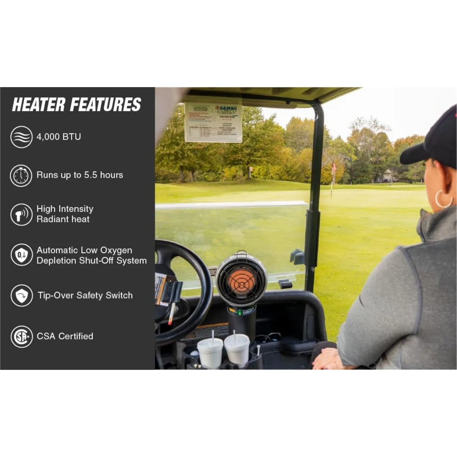 F242010 MH4GC 4000 BTU Golf Cart Heater,Wind-Resistant With ODS And Tip-Over Safety Switch & Cup Holder Adapter-Silver & Black