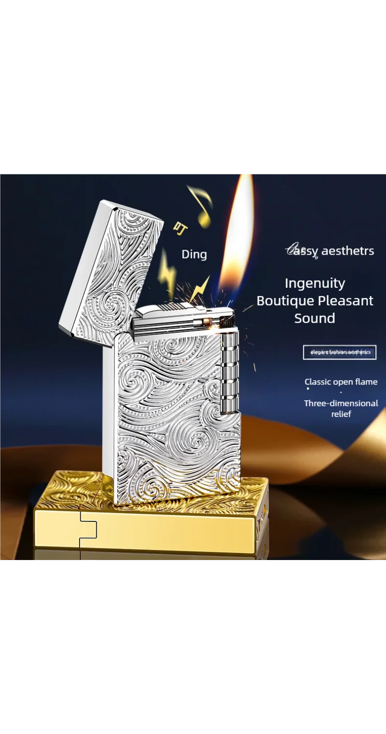 Langsheng Steel Sound Side Sliding Grinding Wheel Inflatable Oblique Fire Lighter Elegant Open Flame High end Gift Lighter