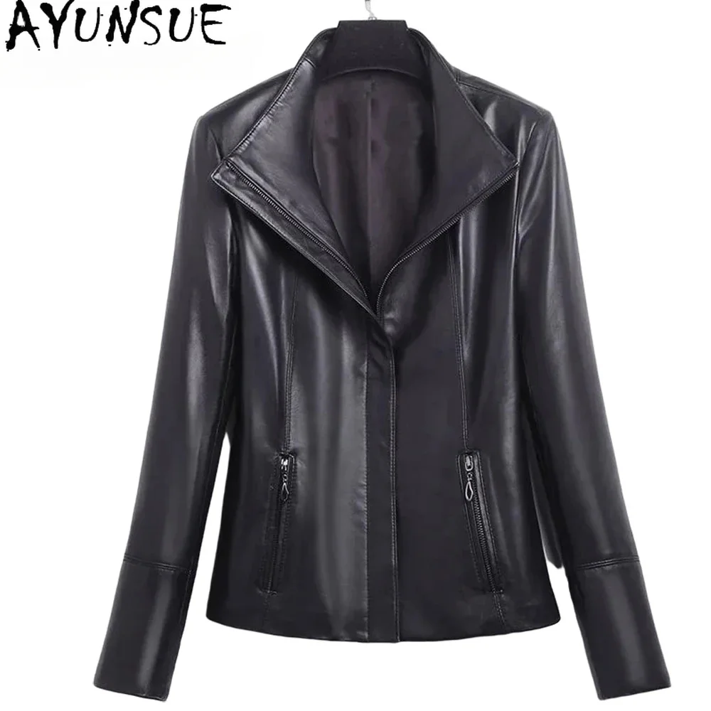 

100% AYUNSUE Real Sheepskin Jaqueta De Couro Feminina Genuine Leather Turn Down Collar Jacket Fashion кожаная куртка женская