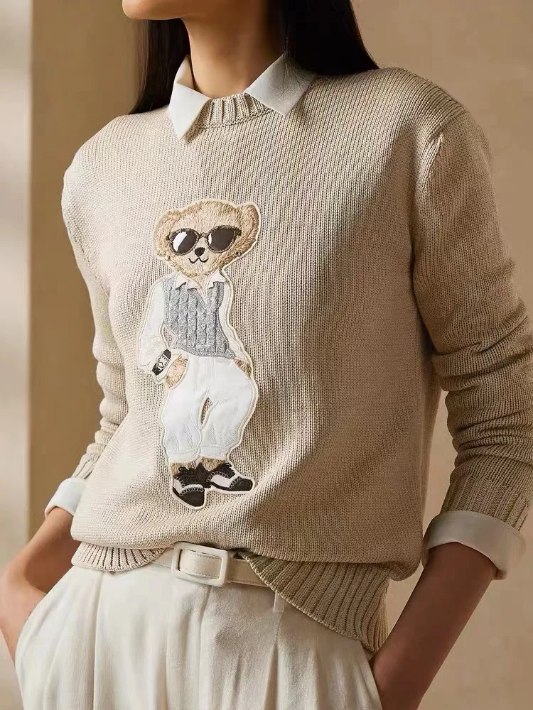 

RL New Round Neck Pullover Fashion Bear Pattern Temperament Commuter Long Sleeve Knit Sweater