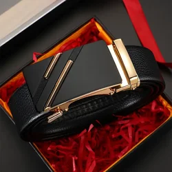 Luxury Men's Leather Belt with Automatic Metal Alloy Buckle - 120cm (XG gold BB)