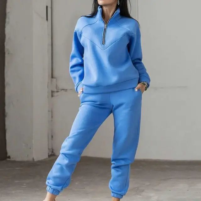 Sweatshirt Pants Set Loose Long Sleeve Solid Color Warm Elastic Waist Tracksuit ensemble jogging femme