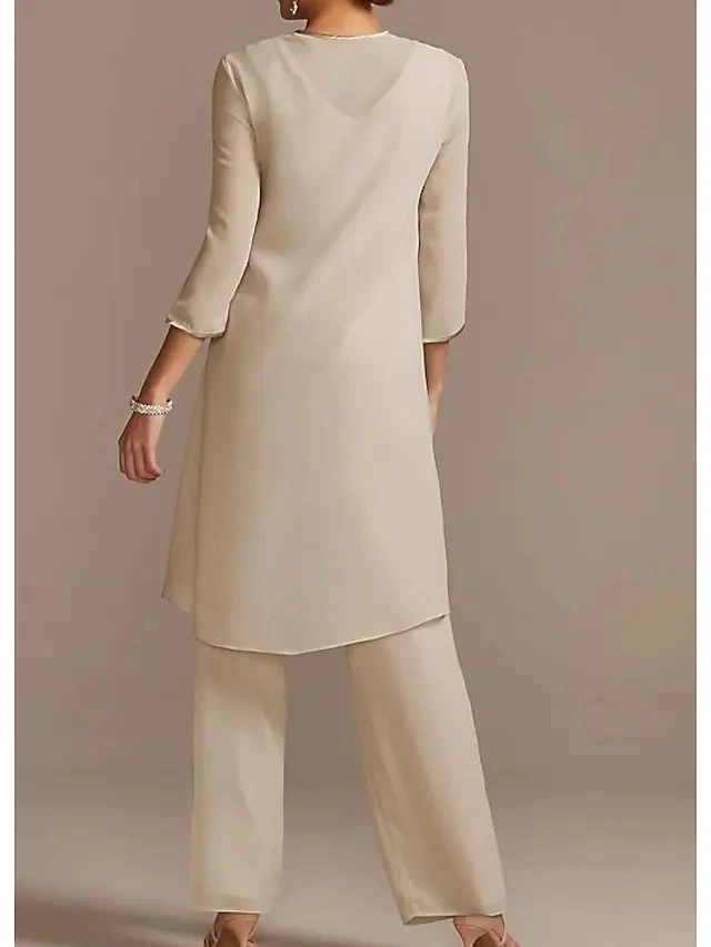 Pantsuit Jumpsuit Mother of the Bride Dress Jewel Neck Floor Length Chiffon Lace 3/4 Sleeve Beading Appliques