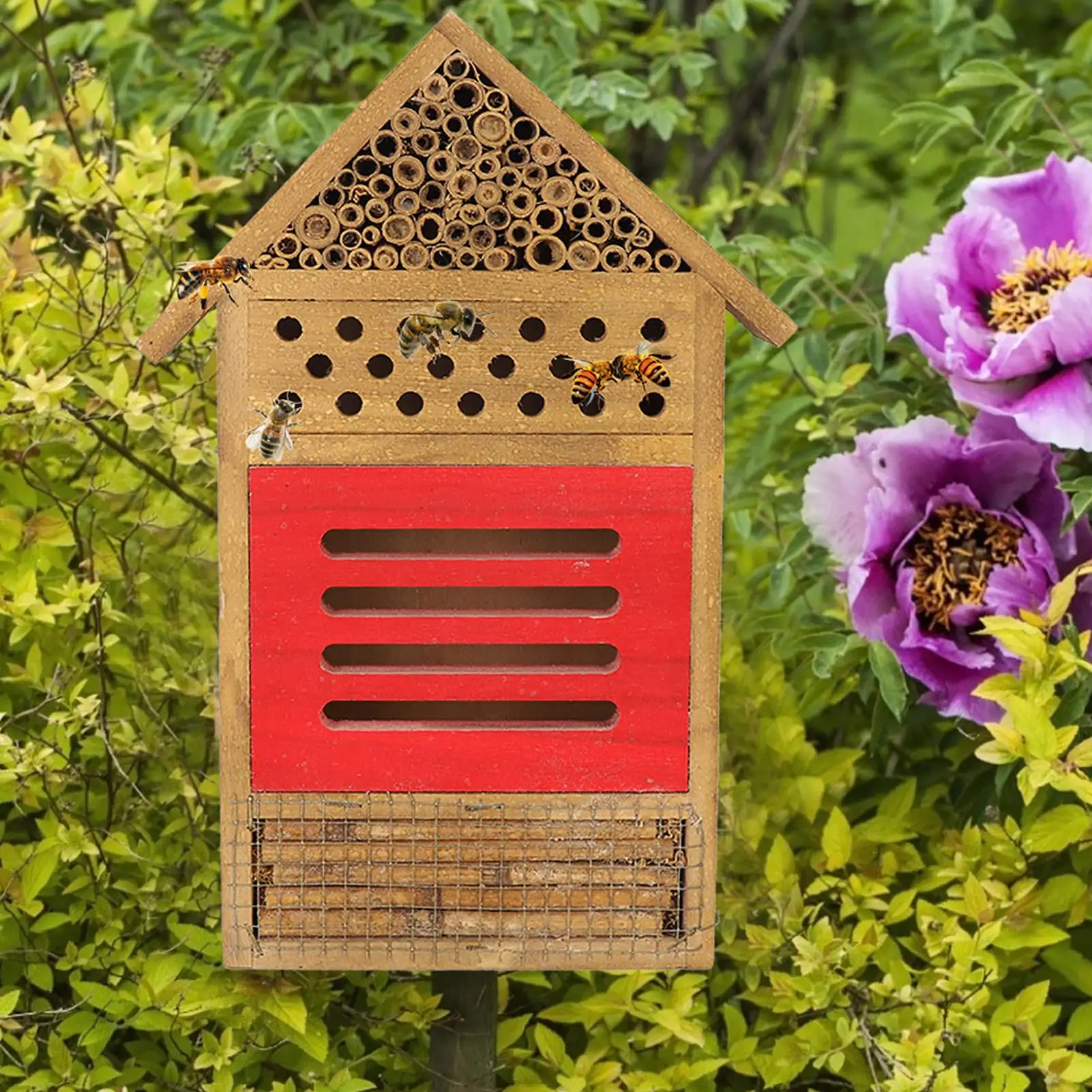 Wooden Bee House-Insect Shelter Hotel for Garden Decoration, Bug Nest Box for Bees & Beneficial Insects