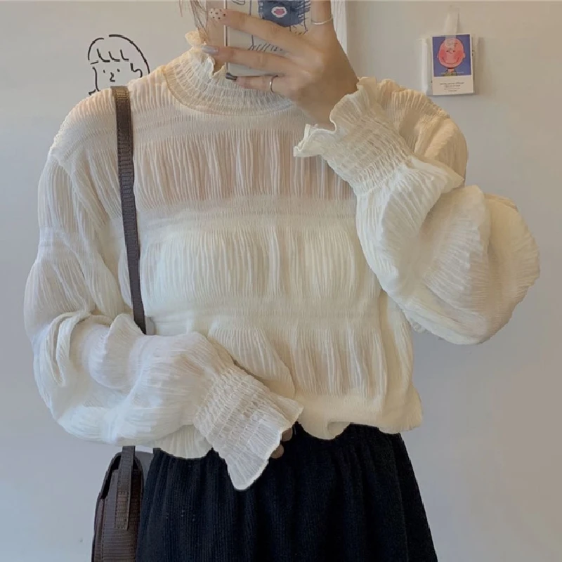 Chic Oversized Women's Chiffon irt Spring Autumn f High Collar Tulle Underwear Top Belly Cover Faionable Layered Sle