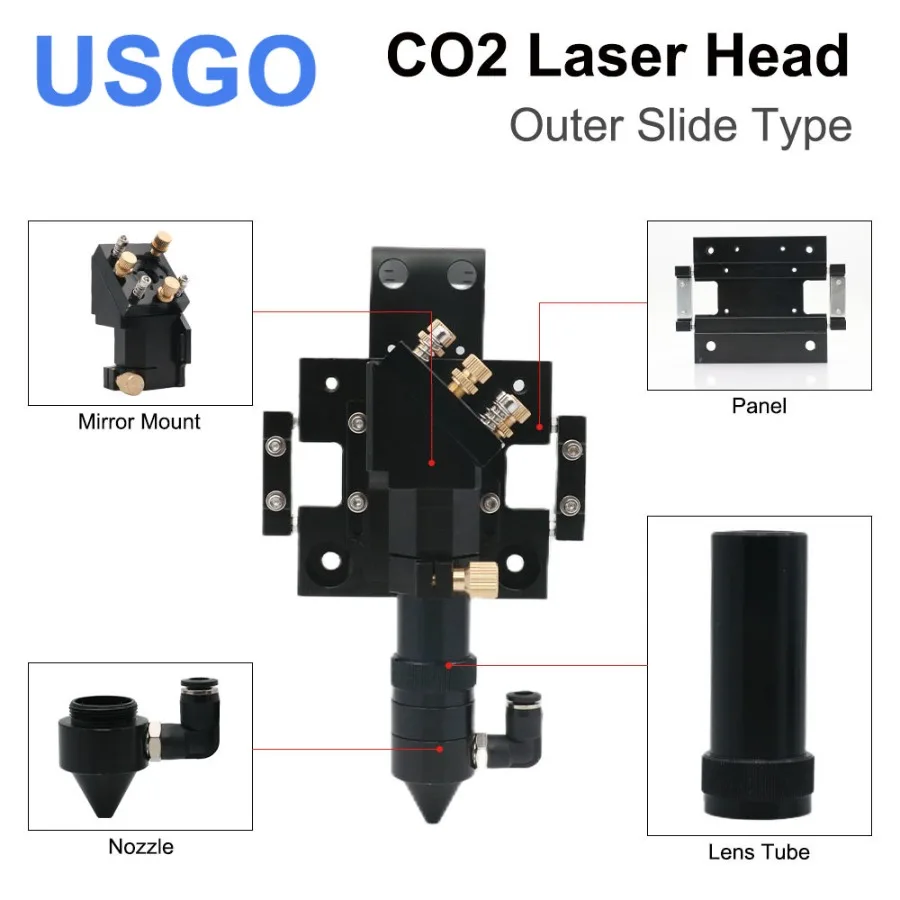 

USGO New Arrival CO2 Laser Head for Dia.20mm FL 50.8/63.5mm Lens D25mm Mirror Outer Slider Type with Air Assist Nozzle