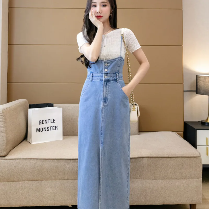 

#2739 Blue Overall Denim Dress Women High Waisted Sleeveless Spaghetti Straps Jeans Dress Ladies Sexy Buttons Pockets Summer2023