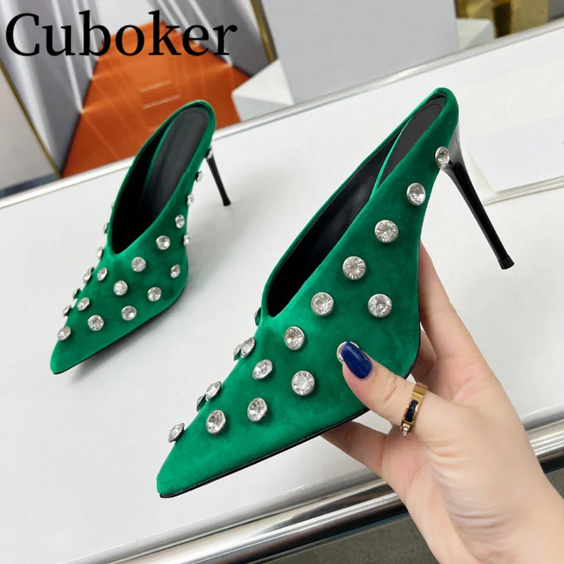 

2023 Velvet Diamond Slippers Women High Heel Mules Pointy Toe Pumps High Quality Summer Vacation Dress Sandals Party Shoes Mujer