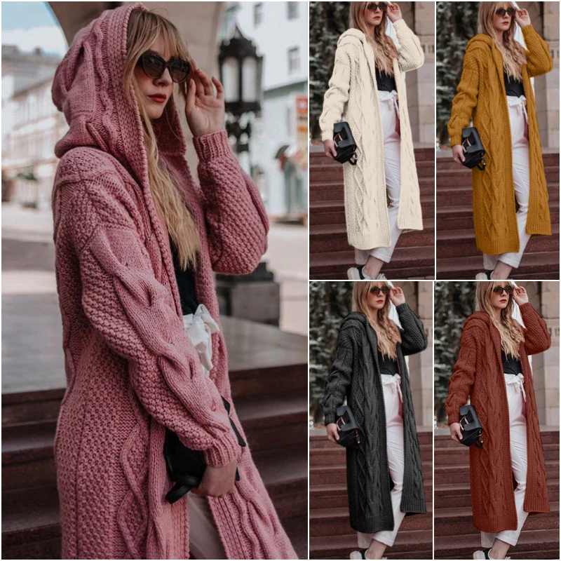 lightweight puffer jacket Hot Style New Sweater for Women Solid Color Hooded Twist Knit Long Hooded Cardigan Sweater Casual Coat Commute Autumn and Winter ladies parka coats