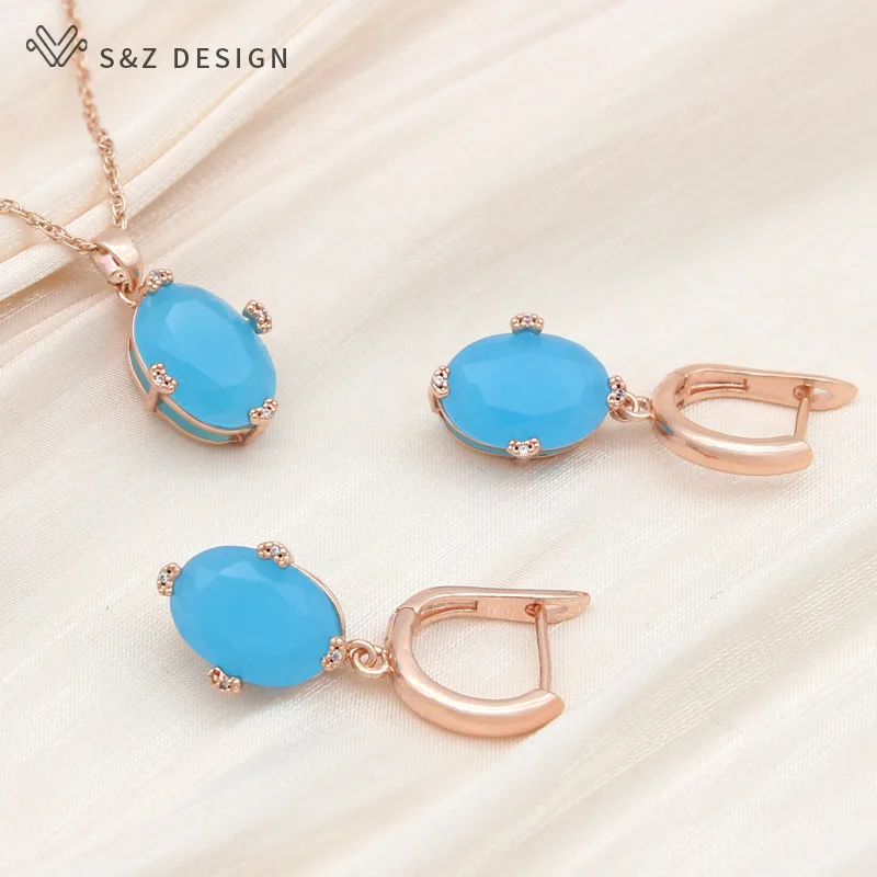 S&Z DESIGN New Fashion Oval Pink Cubic Zirconia Drop Earrings Pendant Necklace Jewelry Sets For Women Girl Elegant Jewelry