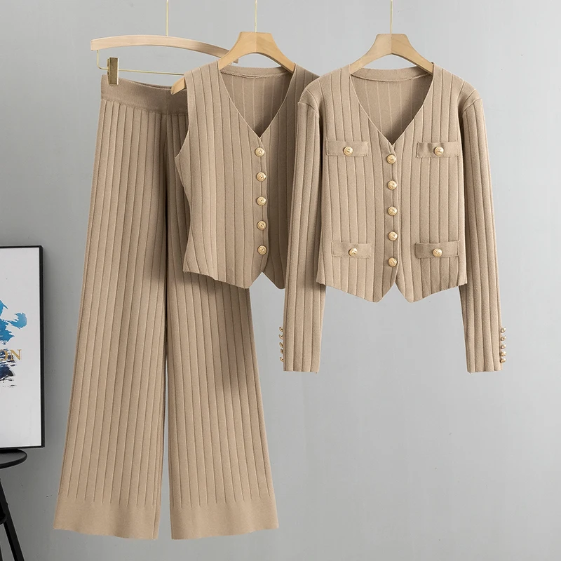 

Women's long sleeve striped cardigan and wide pants suit, casual sweater, 3-piece outfit