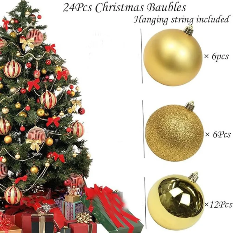 24Pcs Christmas Decoration 4/6/8CM Balls Hanging Christmas Tree Pendants Ornaments for Home Party Decor New Year Gift Accessory