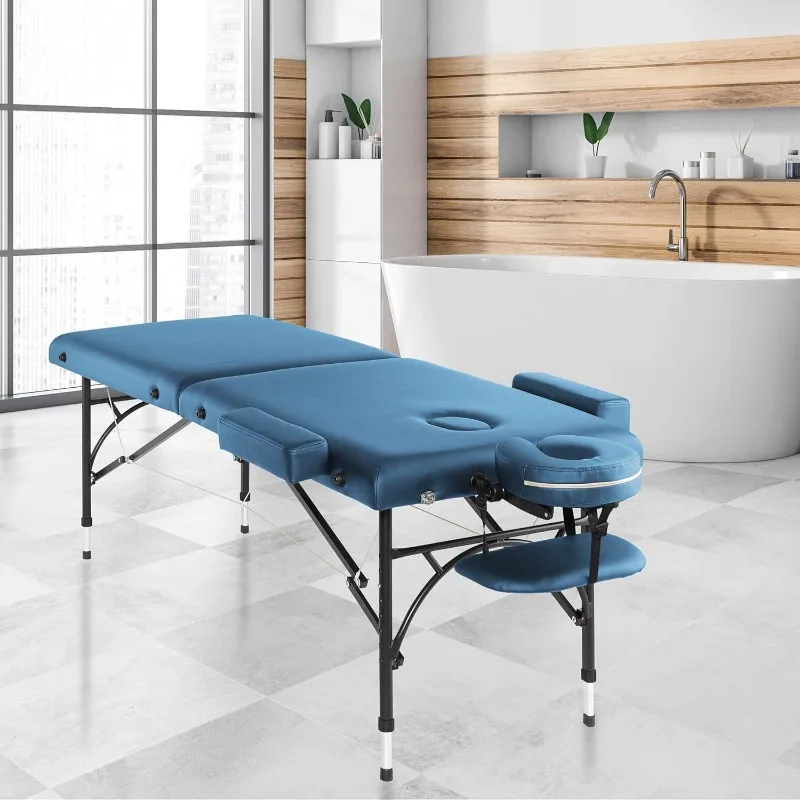 Portable Lightweight Bi-Fold Massage Table with Aluminum Legs - Includes Headrest, Face Cradle, Armrests and Carrying Case Blue