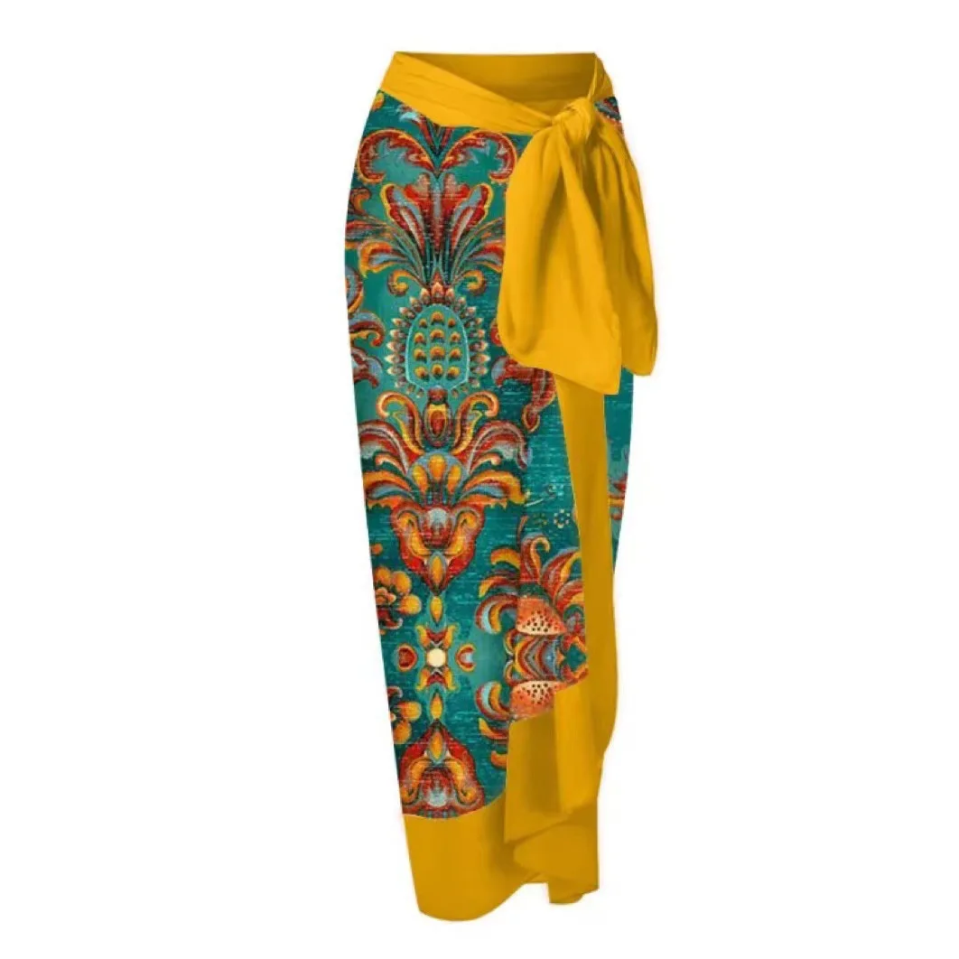 New French Retro Print High Waist Bikini Swimsuit Female Hot Spring Vacation Beach Skirt Two-piece Swimwear Beachwear Cover Up