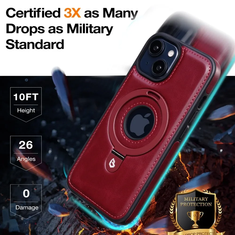 Magnetic Ring Holder Kickstand with Shockproof Leather Cover and Logo Hollow Design