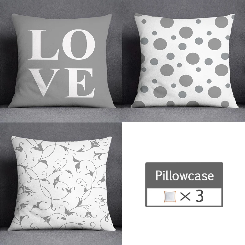 3pcs/lot 45X45CM Gray Lumbar Pillow Case Polyester Geometry Leaf Floral Stripes Plaids Print Sofa Throw Cushion Cover Home Decor 