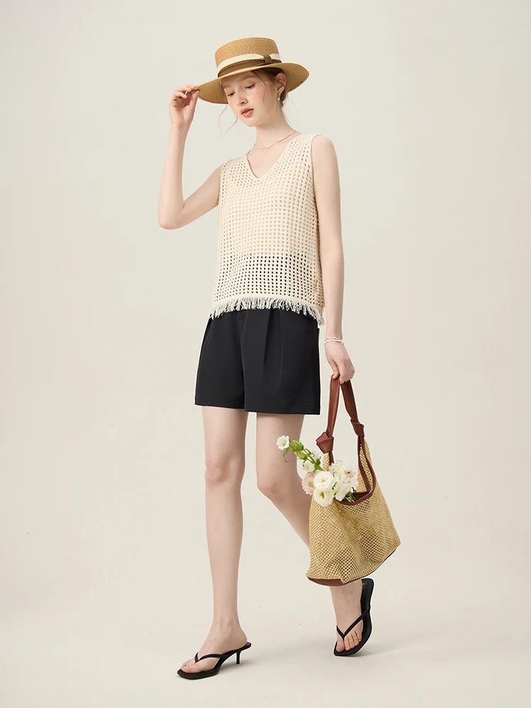 FSLE Commuting Straight Casual Streetwear Short 2024 Summer New Design Versatile Slim Shaped Pleated Casual Pants 24FS12192