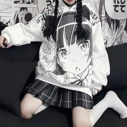 Moda anime mais pulôver feminino solto topos impressão de veludo longo camisola japonesa outono roupas com capuz manga quente tamanho